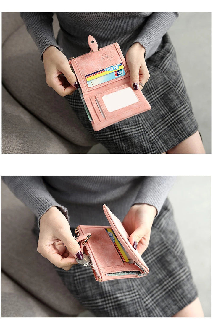 Matte Damen Vintage Geldbörse in Schwarz als Geschenkidee. Elegante kurze Clutch mit Druckknopf für Frauen.