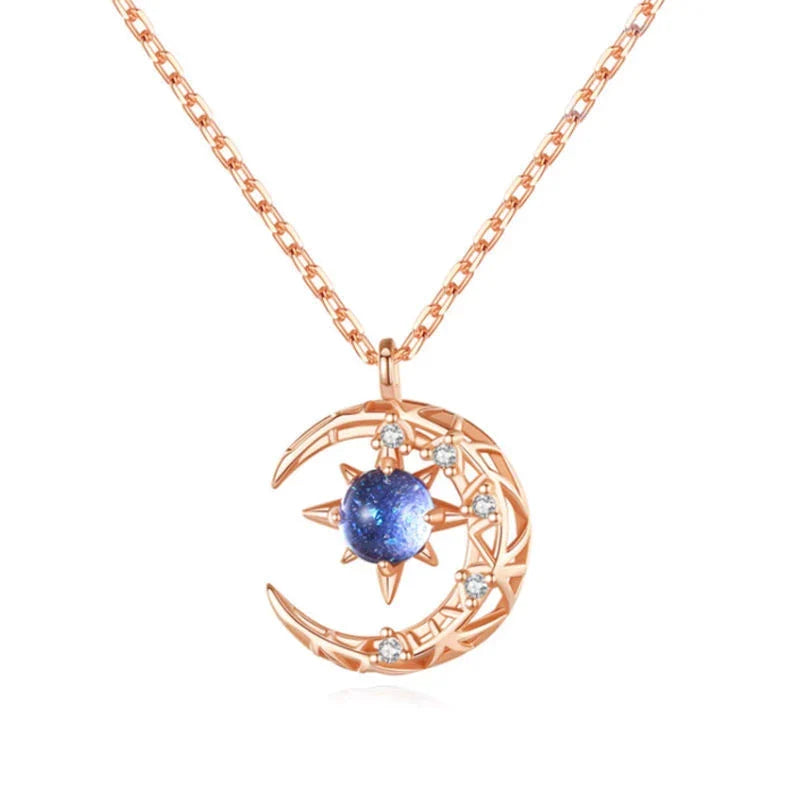 Elegante Damenhalskette: Halbmond- & Stern-Anhänger aus Silber mit funkelnden Kristallen. Symbol für Hoffnung.