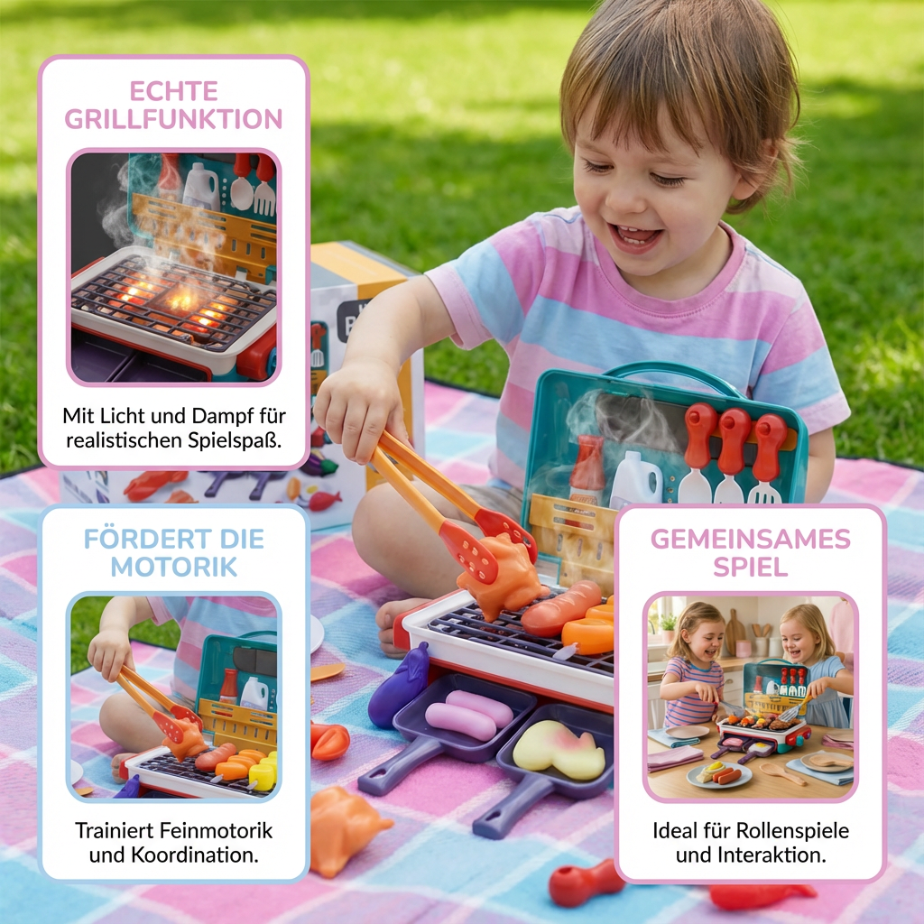 Umfassendes Kinder BBQ-Grill Spielset mit Zubehör, Rauch & Farbwechsel-Essen; ideales Geschenk für kleine Köche.