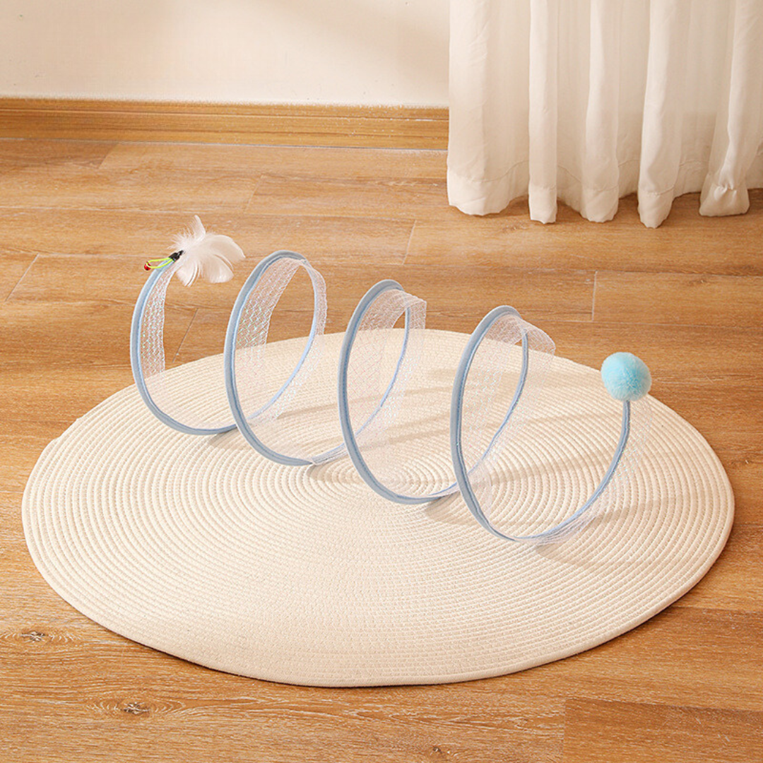 Katzentunnel-Spielzeug in Spiralform, ideal für Spielspaß und Bewegung der Katze, sehr interaktiv.