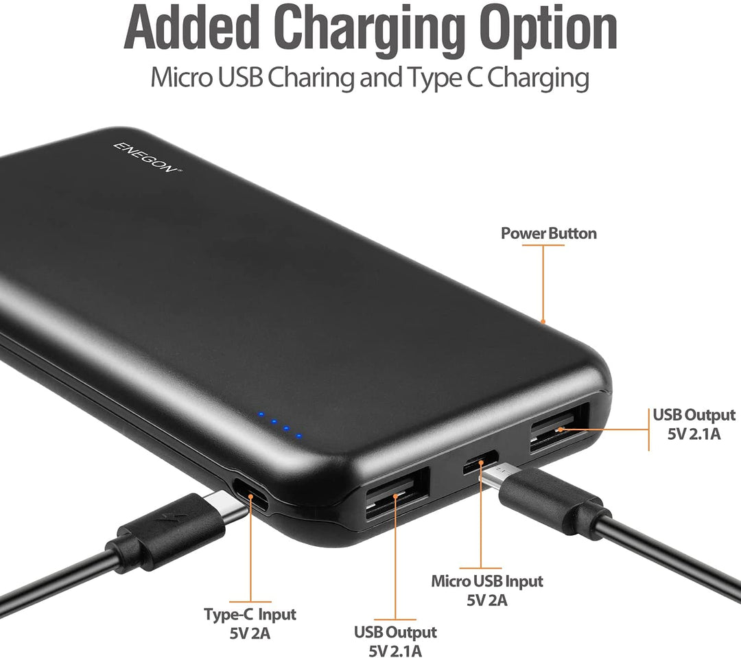 Zwei Powerbanks 10000 mAh mit Dual-USB Anschlüssen zum gleichzeitigen Laden von Smartphone & Tablet.