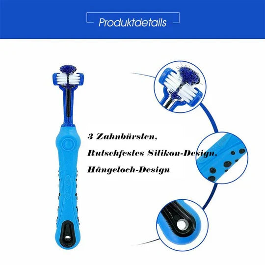 Premium Hundezahnbürste mit 3 Köpfen für eine professionelle Gebissreinigung und gesunde, strahlende Hundezähne.