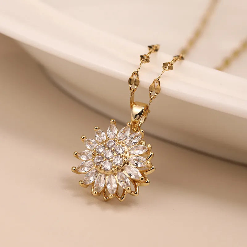 Elegante Damen Kette mit drehbarem Sonnenblumen-Anhänger, doppelreihiges Design, ideales Geschenk.