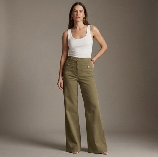 Bequeme, dehnbare Damen High-Waist Hose mit weitem Bein. Perfekt für Freizeit & modische, komfortable Styles.