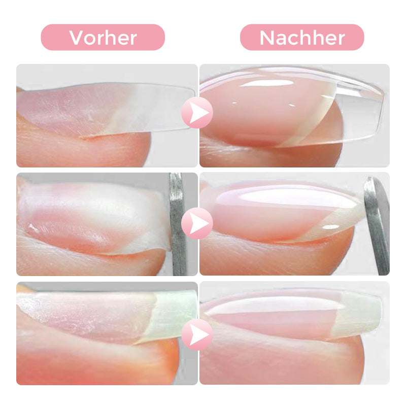 Nahaufnahme des multifunktionalen Nagelhaftgels. Transparentes 3-in-1-Gel für langlebige Nagelbasis & Verstärkung.