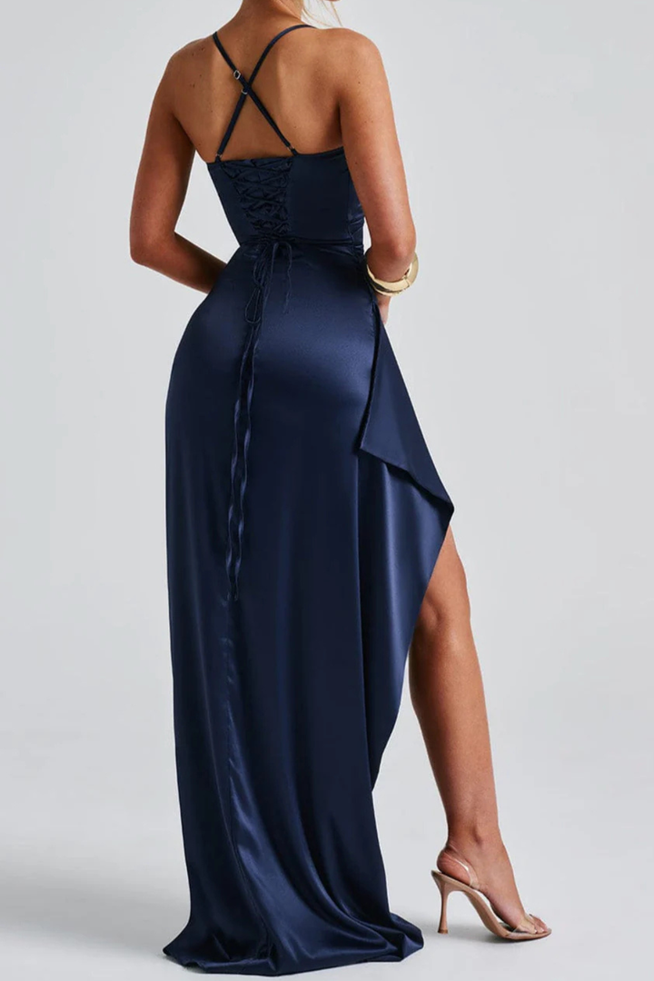 Elegantes Damen Abendkleid, marineblau, mit Beinschlitz. Ideal als Hochzeitsgast-Maxikleid oder für Galas.