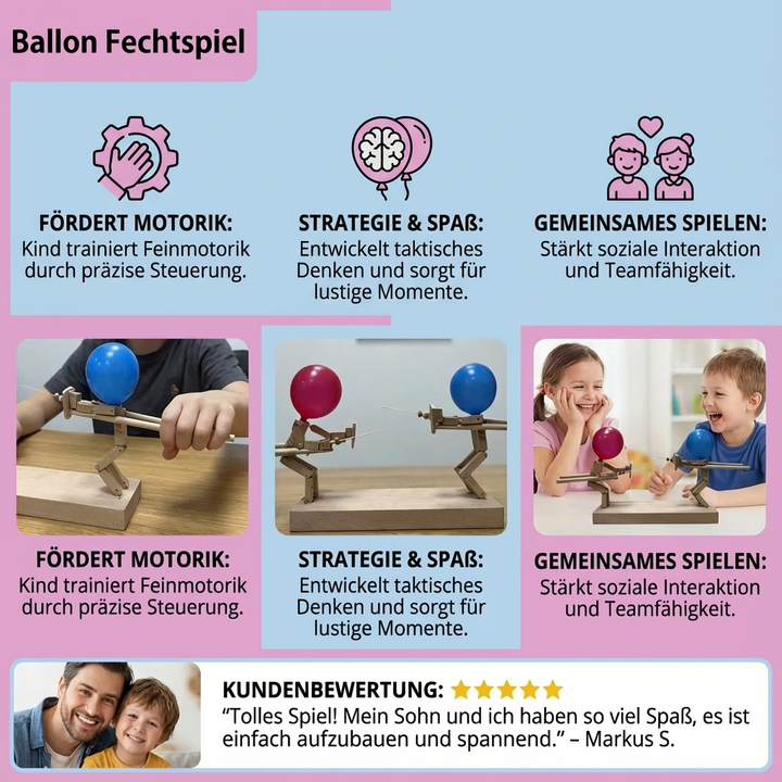 Hochwertiges Holzspielzeug: Das interaktive Ballon Duell Spiel aus robustem Holz für langanhaltenden Spielspaß.