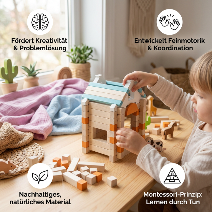 Lernspielzeug: Montessori Holz-Bausteine fördern Motorik, Kreativität & frühkindliche Entwicklung. Perfektes Stapelspiel.
