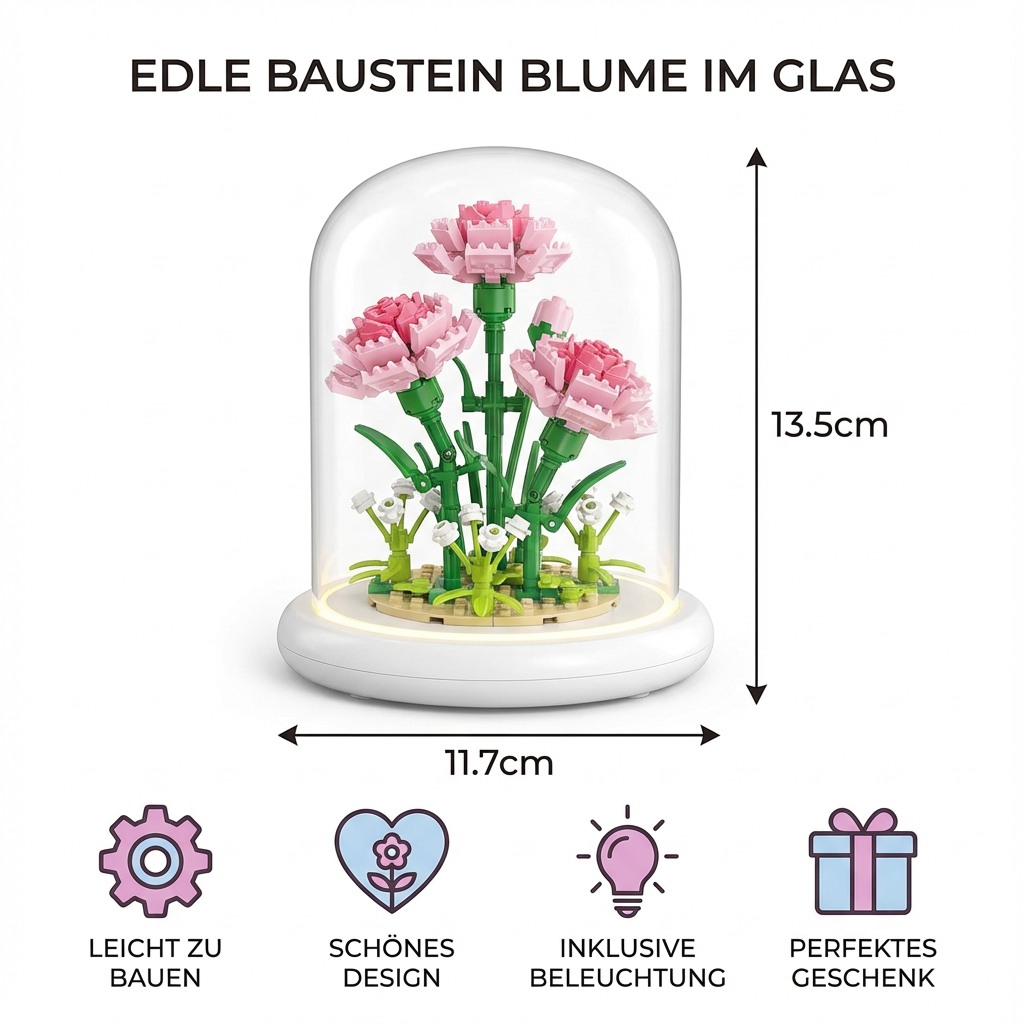 Detailaufnahme der bunten Baustein Blume, kreativ gebaut & im eleganten Glas.