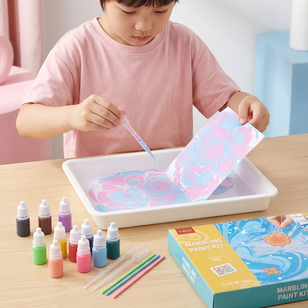 Buntes Marmorier-Set für Kinder, mit Wasserfarben spielerisch einzigartige Kunstwerke basteln & gestalten.