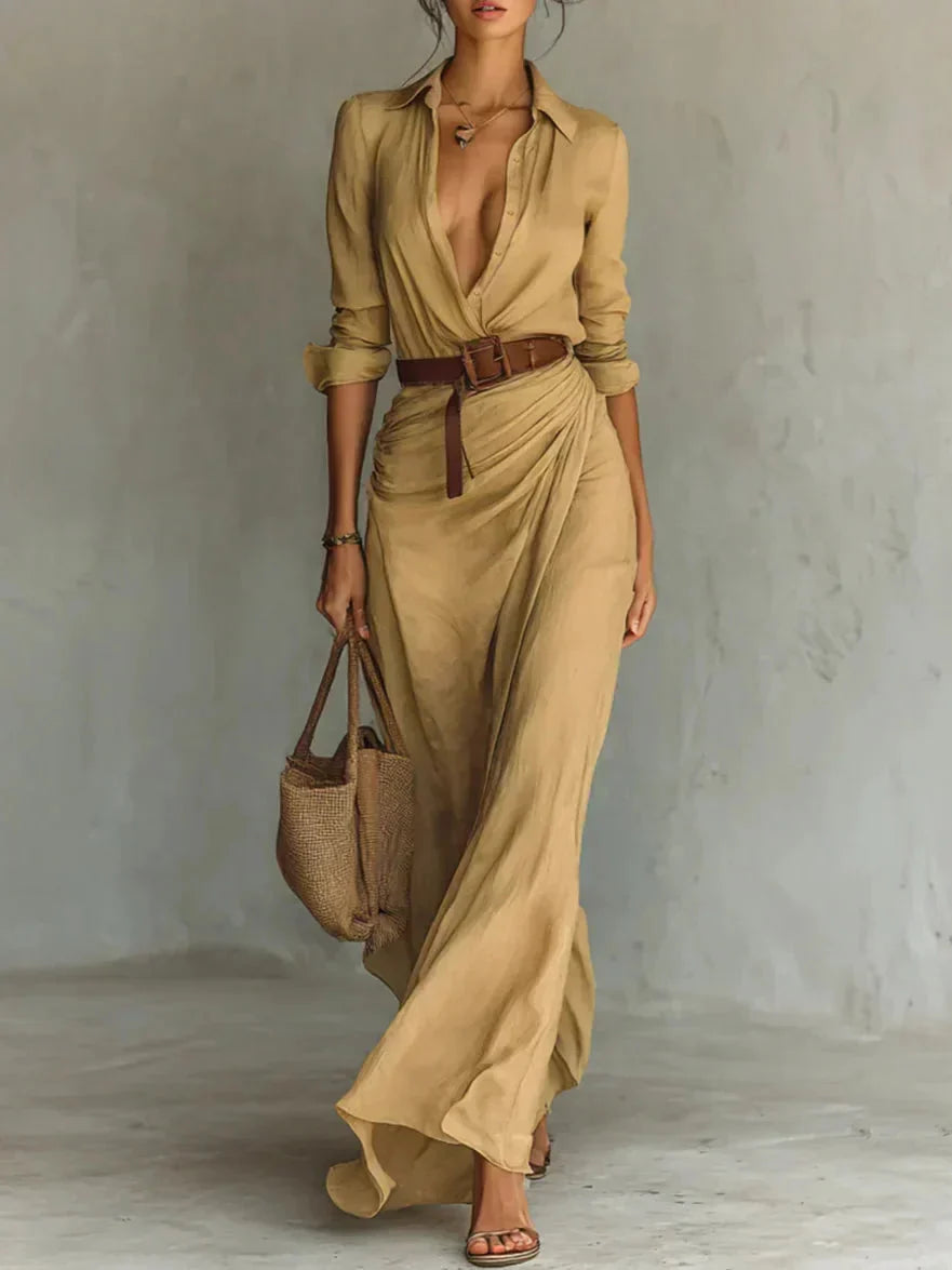 Elegantes Damen Maxikleid mit klassischem Kragen, Taillengürtel und Knopfleiste. Perfektes Sommer-Freizeitkleid.