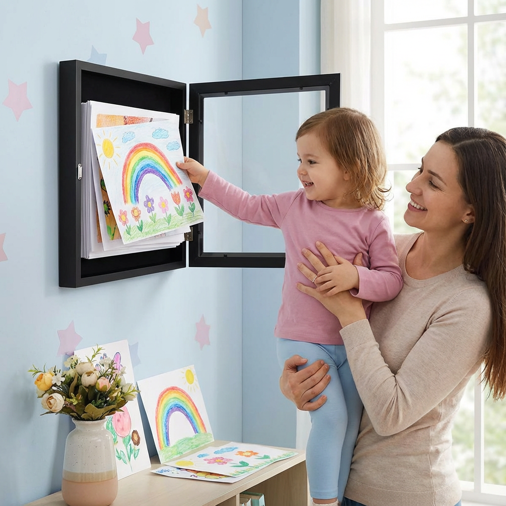 Holz-Bilderrahmen für Kinderkunst, zum Präsentieren von Zeichnungen und bis zu 150 Kunstwerken im Kinderzimmer.