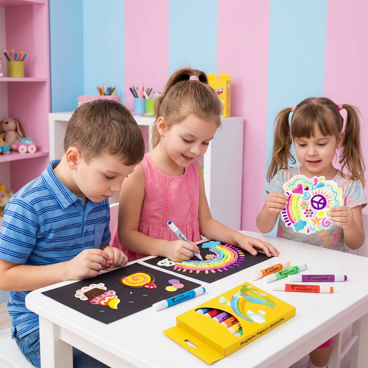 Kinder malen mit magischen Popcorn Malstiften; einzigartige 3D-Kunst & Texturen für kreatives Basteln.