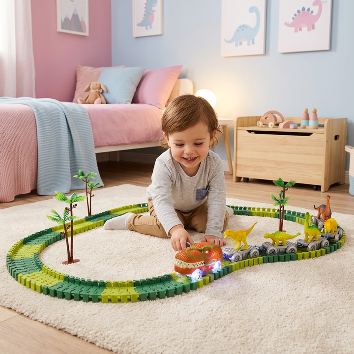 Flexible Dinosaurier Rennbahn für Kinder. Endlos variierbare Strecke für kreativen Spielspaß mit Leuchtzug.