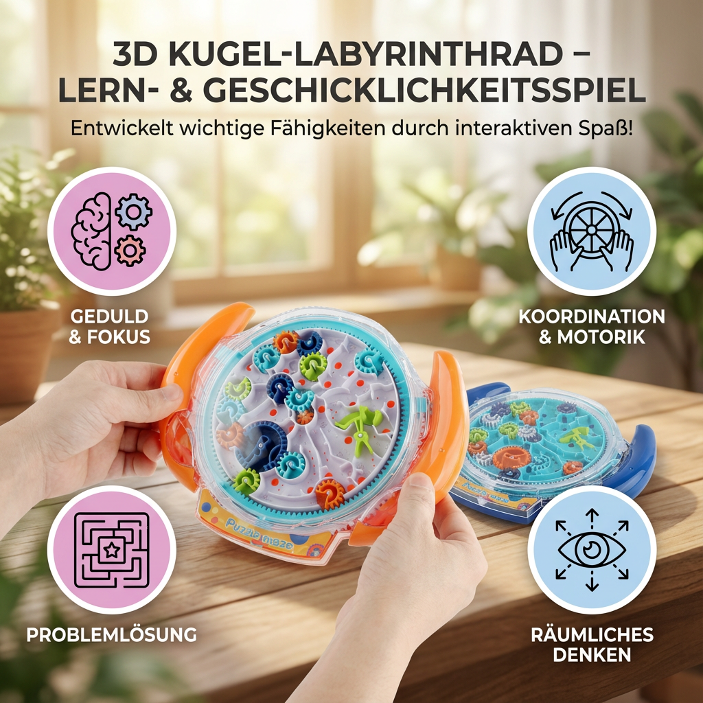 Pädagogisches 3D Kugel-Labyrinth Lernspiel, stärkt Konzentration, Feinmotorik und räumliches Denken spielerisch.