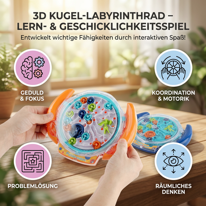 Pädagogisches 3D Kugel-Labyrinth Lernspiel, stärkt Konzentration, Feinmotorik und räumliches Denken spielerisch.