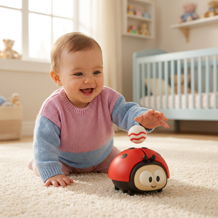 Roter Marienkäfer Luftballon Spielzeug, elektrisch, mit magischem Schwebeeffekt für Babys. Fördert Motorik.