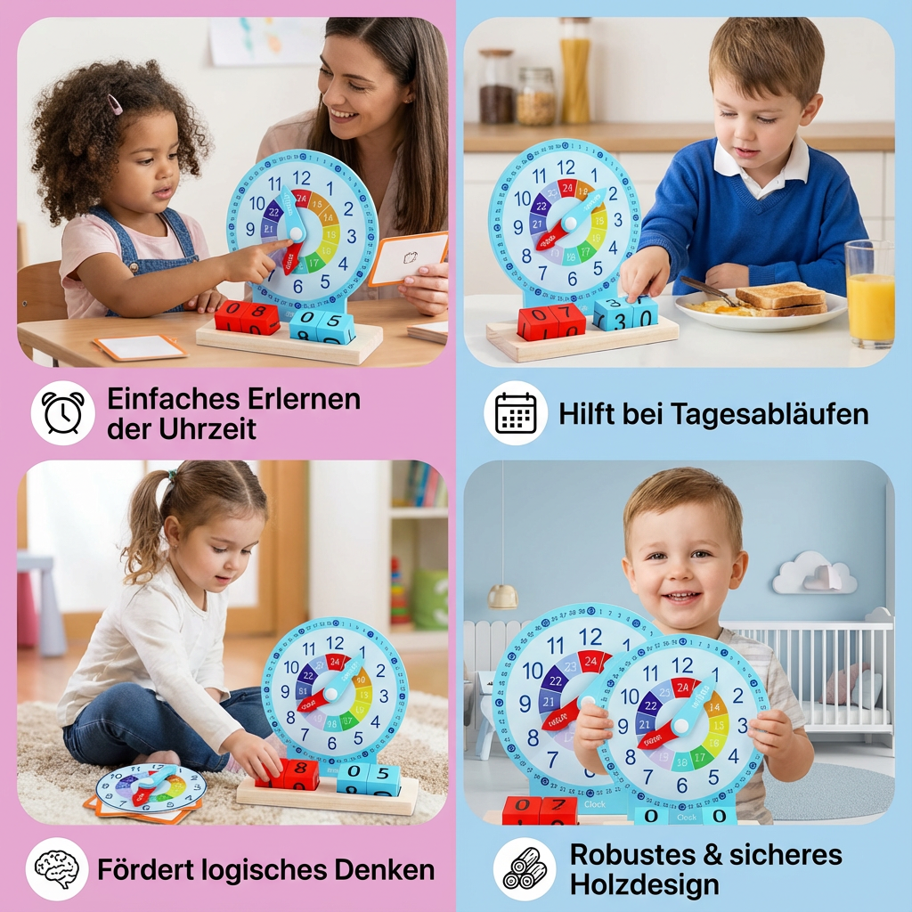 Pädagogisches Montessori Uhrzeit Lernspielzeug für Kinder, hilft beim Zeitverständnis & fördert kognitive Fähigkeiten.