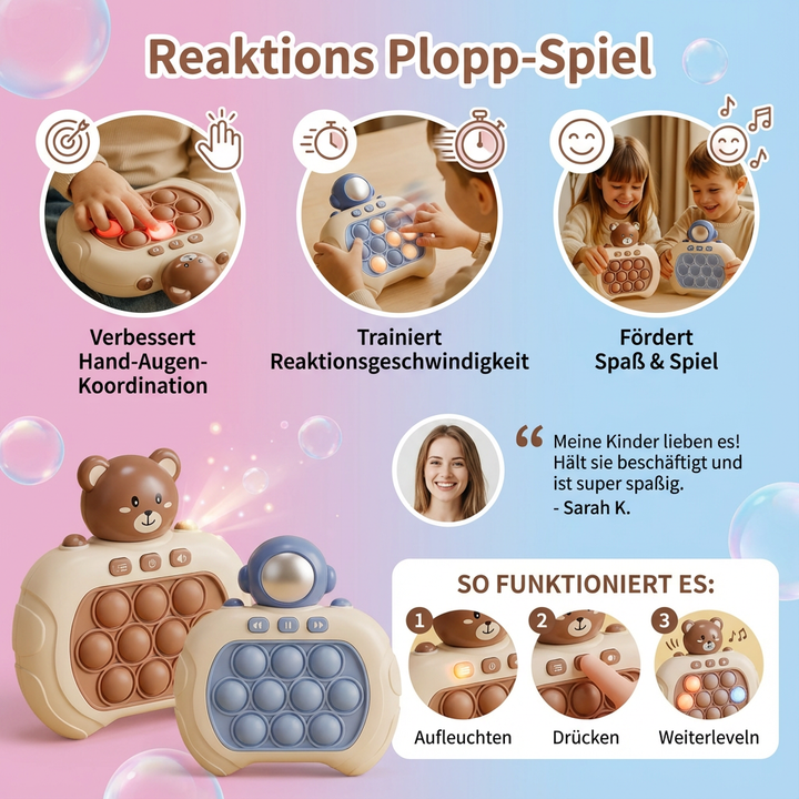 Kinderspiel "Plopp" mit farbigen Tasten, ein Lernspielzeug für schnelle Reaktionen.