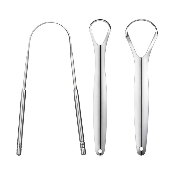 3er Set Edelstahl Zungenreiniger für effektive Mundhygiene und frischen Atem. Hygienisch und langlebig.