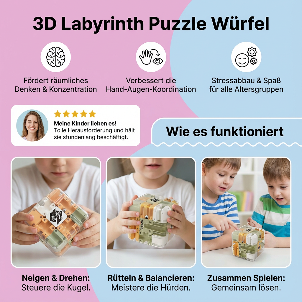 Spannender 3D Labyrinth Puzzle Würfel, fördert Konzentration & Logik bei Kindern & Erwachsenen. Tolles Knobelspiel.