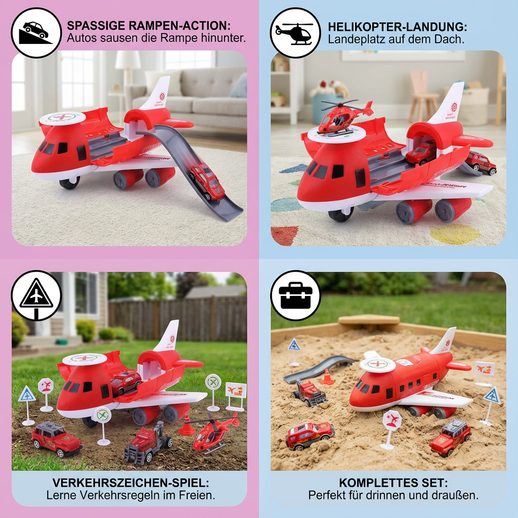 Kinder spielen mit Flugzeug & Autos auf imaginärer Rennstrecke; interaktives Fahrzeug Spielset.