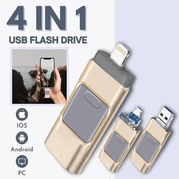 4-in-1 USB-Stick mit USB-C, Lightning, Micro-USB für schnelle Datenübertragung, Datensicherung & externen Speicher.