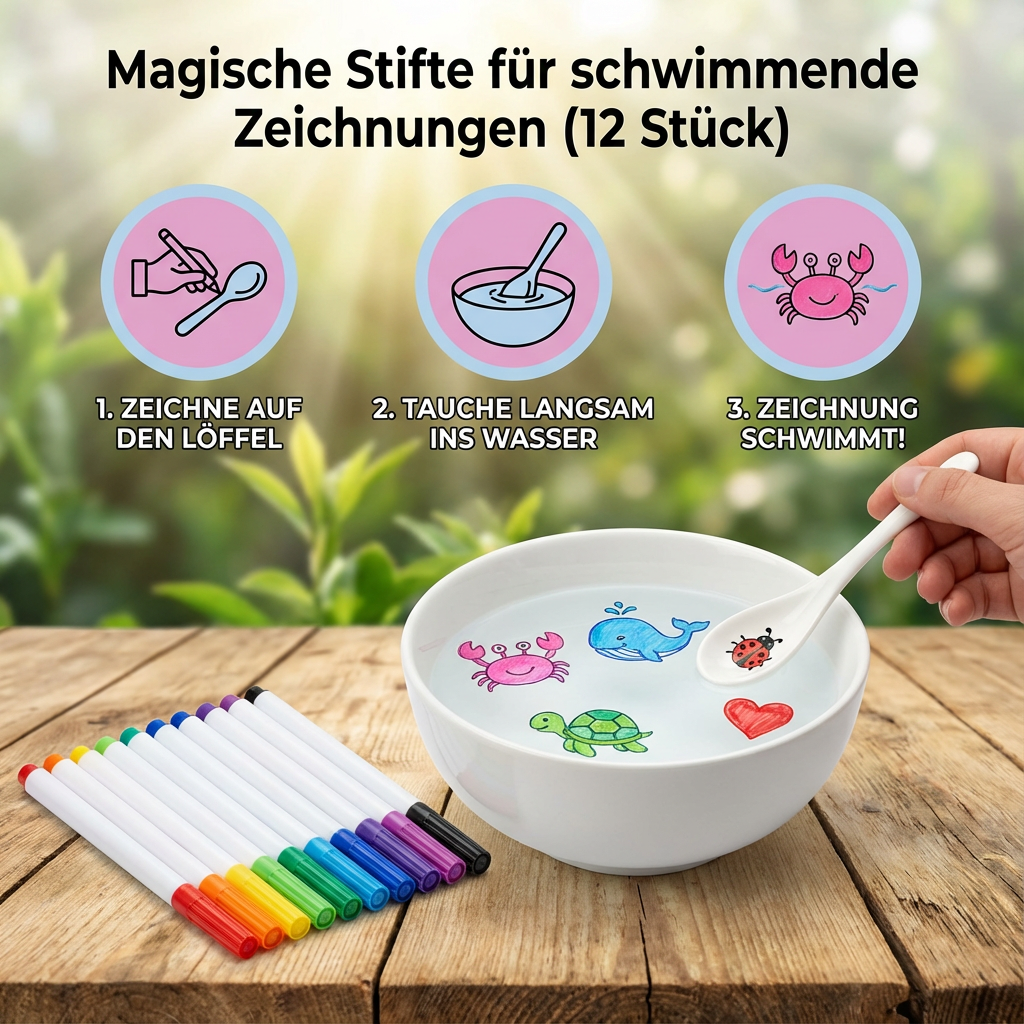 Ungiftiges Malset für Kinder: 12 abwaschbare Stifte für schwimmende Bilder, ideal als Badespielzeug.