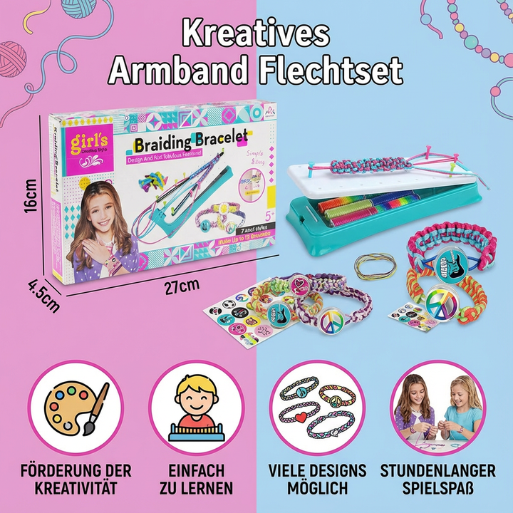 Kinder teilen Freude beim Basteln mit dem Armband Flechtset, gestalten gemeinsam farbenfrohe Freundschaftsarmbänder.