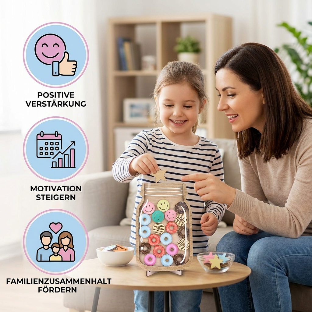 Detailaufnahme des Kinder Belohnungsglases mit vielen glitzernden Sternen. Motiviert zum Lernen & Verhalten.