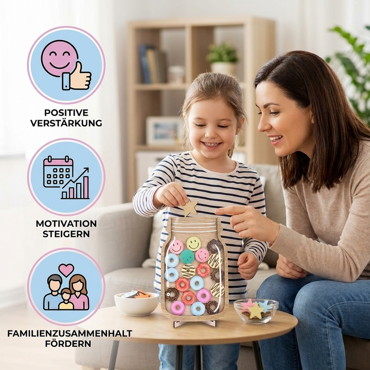 Detailaufnahme des Kinder Belohnungsglases mit vielen glitzernden Sternen. Motiviert zum Lernen & Verhalten.