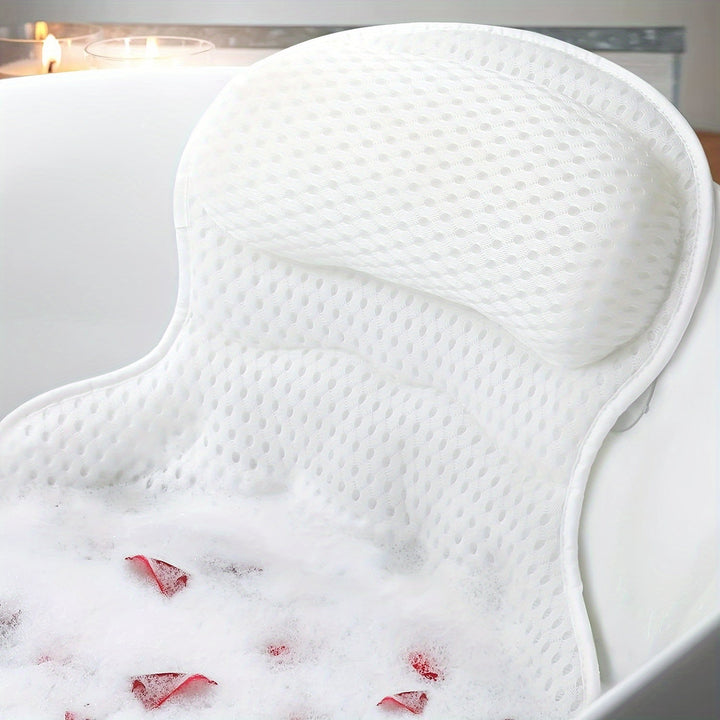 Komfortables 4D Luxe Badekissen mit atmungsaktivem Mesh-Gewebe. Ideale Nacken- & Rückenstütze für Wellness.