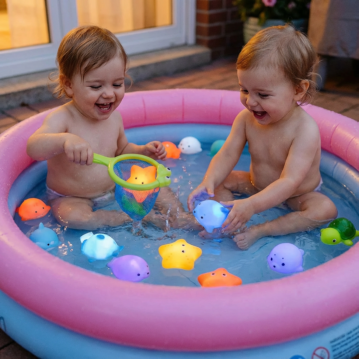 Set aus leuchtenden Bade-Tierchen schwimmt in der Badewanne; ideales Badespielzeug & Geschenk für Kinder.