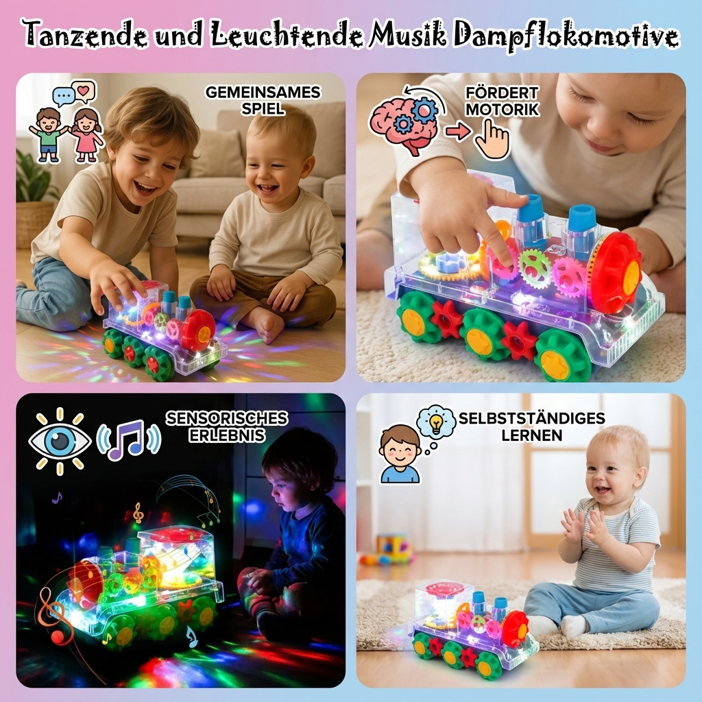 Vorderansicht der tanzenden Musik-Dampflokomotive mit leuchtenden Lichtern & Dampffunktion.