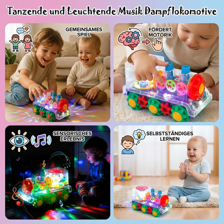 Vorderansicht der tanzenden Musik-Dampflokomotive mit leuchtenden Lichtern & Dampffunktion.