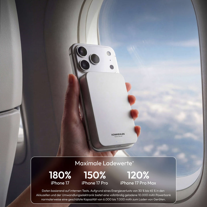 Kompaktes Reisezubehör: 10000 mAh MagSafe Powerbank mit Qi2 Standard.