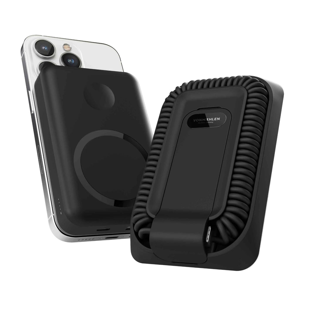 10000 mAh magnetische Powerbank mit integriertem Ladekabel für Smartphones und mobile Geräte.
