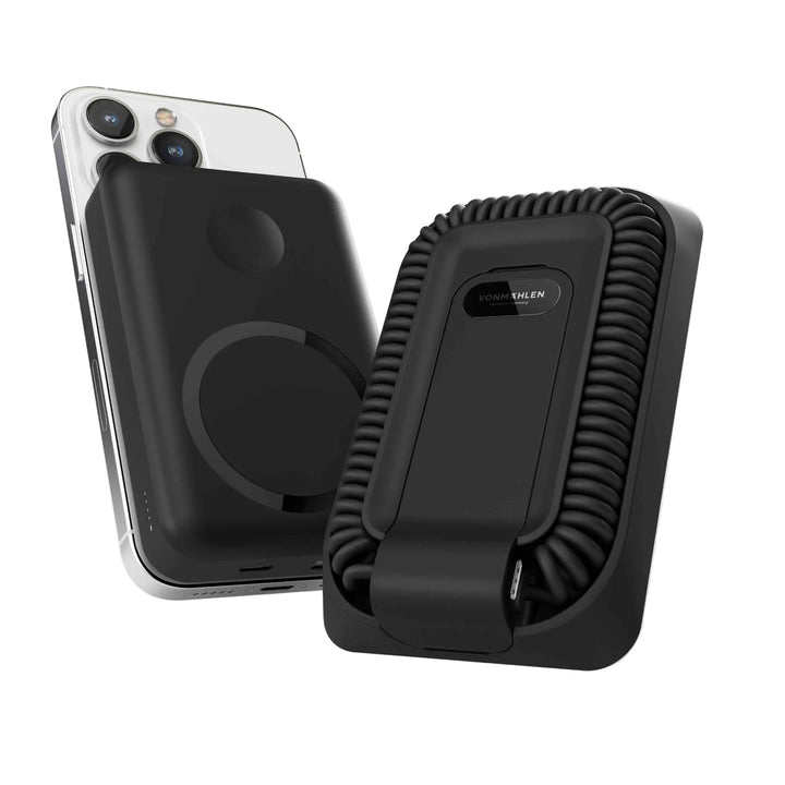 10000 mAh magnetische Powerbank mit integriertem Ladekabel für Smartphones und mobile Geräte.