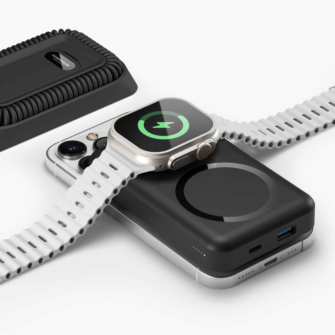 Magnetische 10000 mAh Powerbank mit integriertem USB-C Ladekabel, vielseitiger mobiler Akkupack.