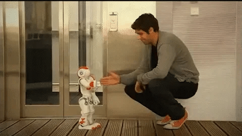 Ein Kind steuert den pädagogischen Lernroboter mit einer Handbewegung, Spaß und Lernen vereint.