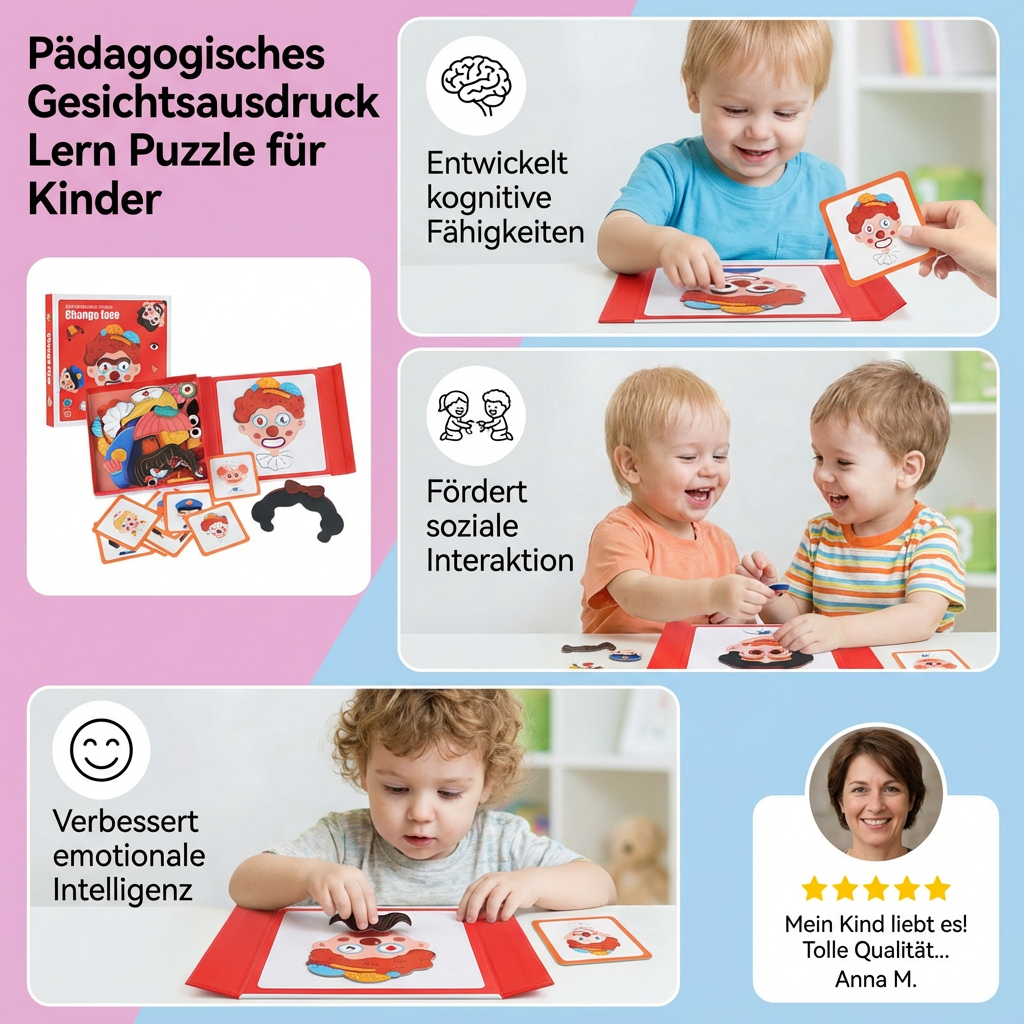 Kind spielt mit pädagogischem Lernpuzzle: Emotionen & Gesichtsausdrücke spielerisch verstehen & lernen.