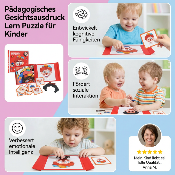 Kind spielt mit pädagogischem Lernpuzzle: Emotionen & Gesichtsausdrücke spielerisch verstehen & lernen.
