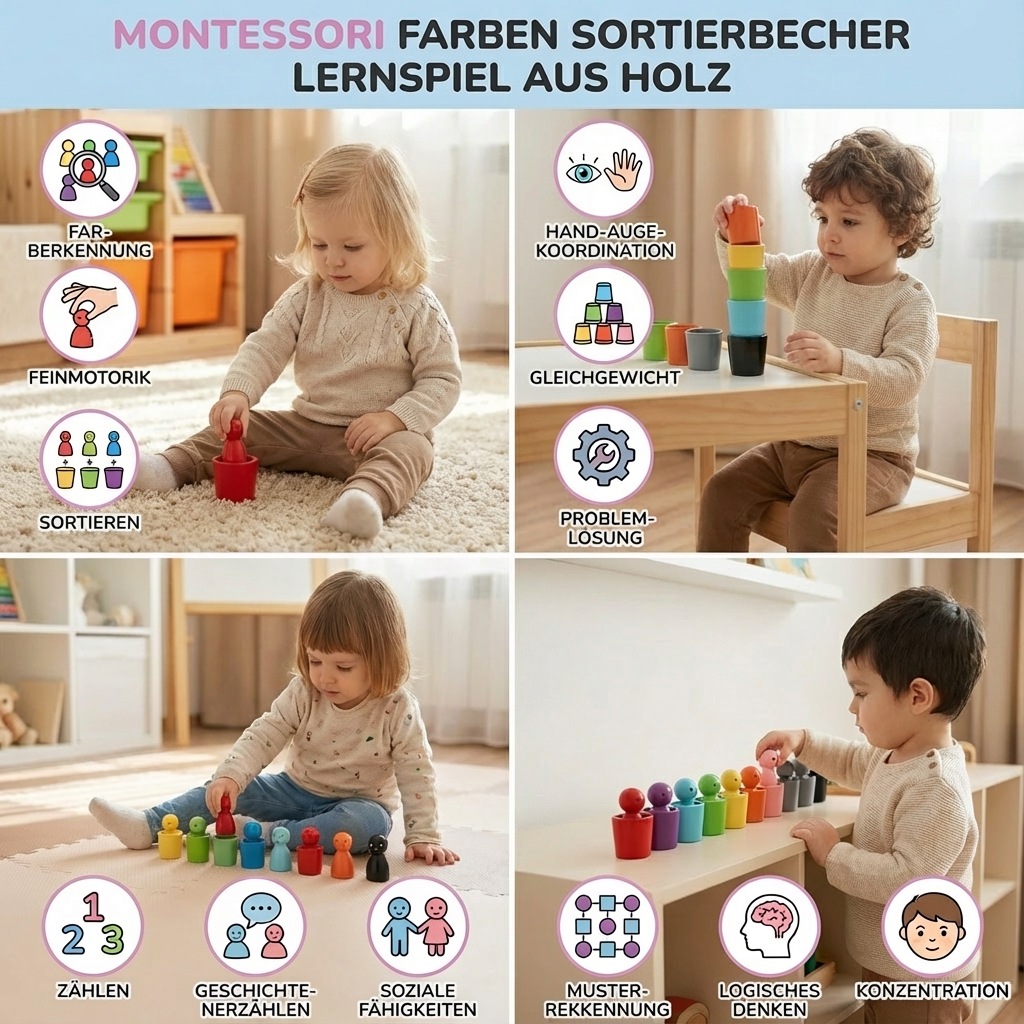 Feinmotorik & Farberkennung trainieren mit diesem Montessori Lernspiel. Bunte Holzbecher zum Sortieren.