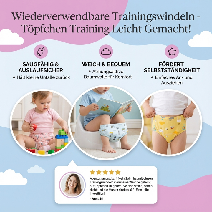Komfortable Trainingshose für Kinder beim Sauberwerden, umweltfreundlich & pflegeleicht.