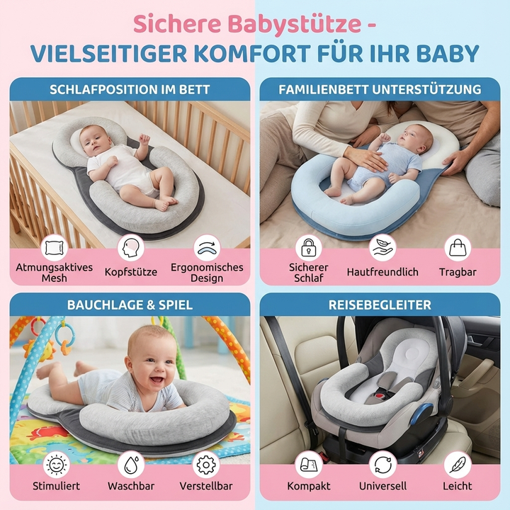 Baby spielt sicher in der ergonomischen Babystütze. Unterstützt die Entwicklung & bietet Komfort.