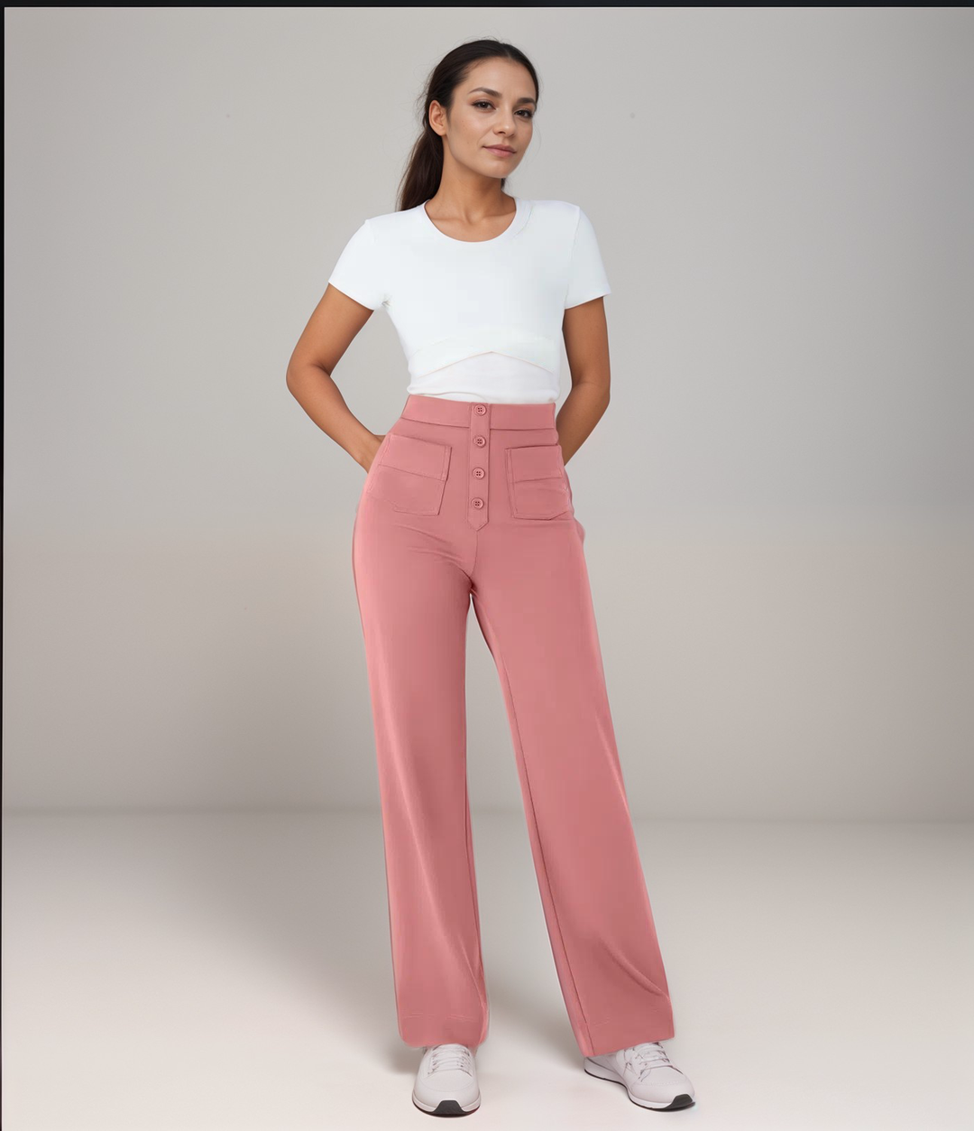Schicke Damen High Waist Hose, weites Bein, bequemer Stretchstoff. Perfekt für Damenmode.