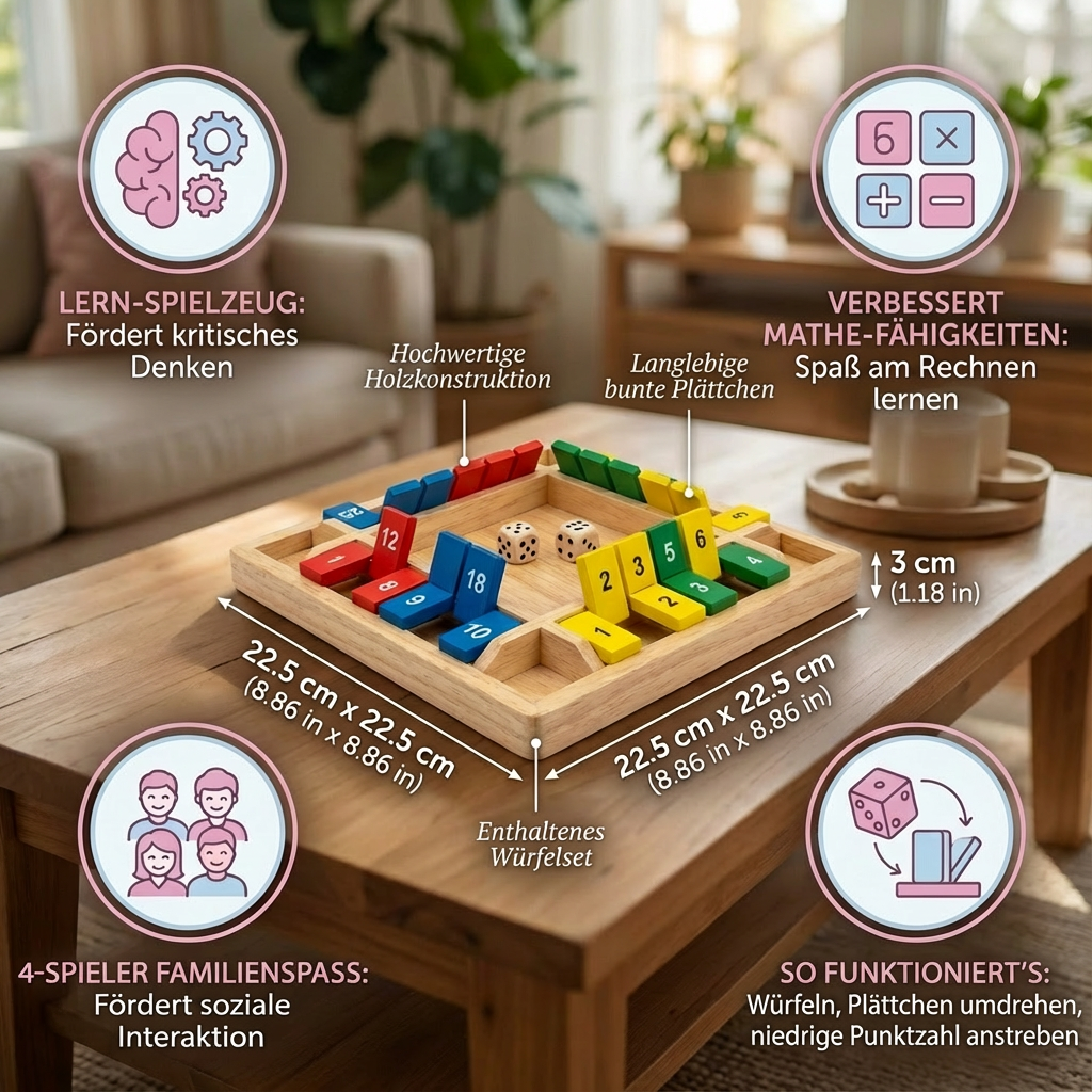 Klappenspiel aus Holz für Erwachsene & Kinder; unterhaltsames 4-Spieler Würfel- und Familienspiel.