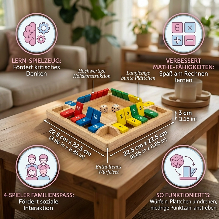 Klappenspiel aus Holz für Erwachsene & Kinder; unterhaltsames 4-Spieler Würfel- und Familienspiel.