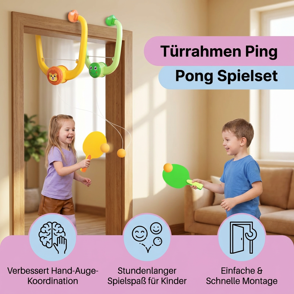 Komplettes grün-gelbes Ping Pong Spielset, inklusive ausziehbarem Netz, Schlägern und Bällen für jeden Türrahmen.