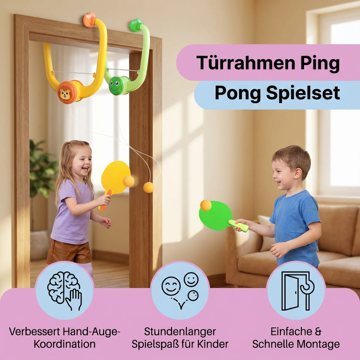 Komplettes grün-gelbes Ping Pong Spielset, inklusive ausziehbarem Netz, Schlägern und Bällen für jeden Türrahmen.